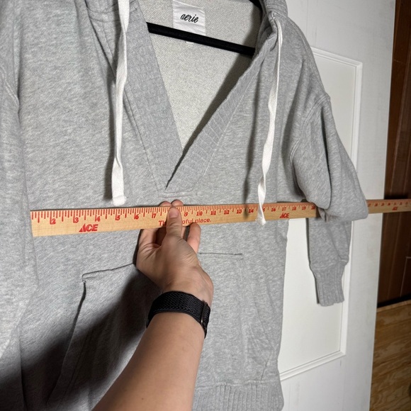 Aerie V-Neck Hoodie Gray Oversized Size XXS Super Soft Ribbed Off The Shoulder - Picture 5 of 10